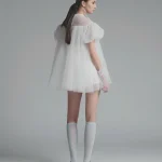 Đầm Suông Trắng OnonMM Voan Tay Phồng Hoa 3D Thanh Lịch