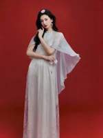 Áo Dài Cách Tân OnonMM Trắng Ngà Voan Ren Thanh Lịch - Ảnh 3