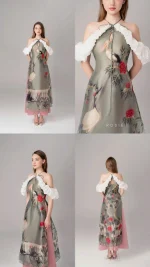 Đầm Maxi Rosie Họa Tiết Chim Hạc Cổ Yếm Tay Phồng Độc Đáo