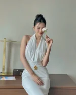 Đầm Dự Tiệc Sensore Trắng Cổ Yếm Hở Lưng Quyến Rũ - Ảnh 3