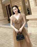 XY Bymyxy Size XL - Đầm Maxi Voan Nâu Tây Đính Đá