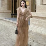 XY Bymyxy Size XL - Đầm Maxi Voan Nâu Tây Đính Đá