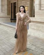 XY Bymyxy Size XL - Đầm Maxi Voan Nâu Tây Đính Đá