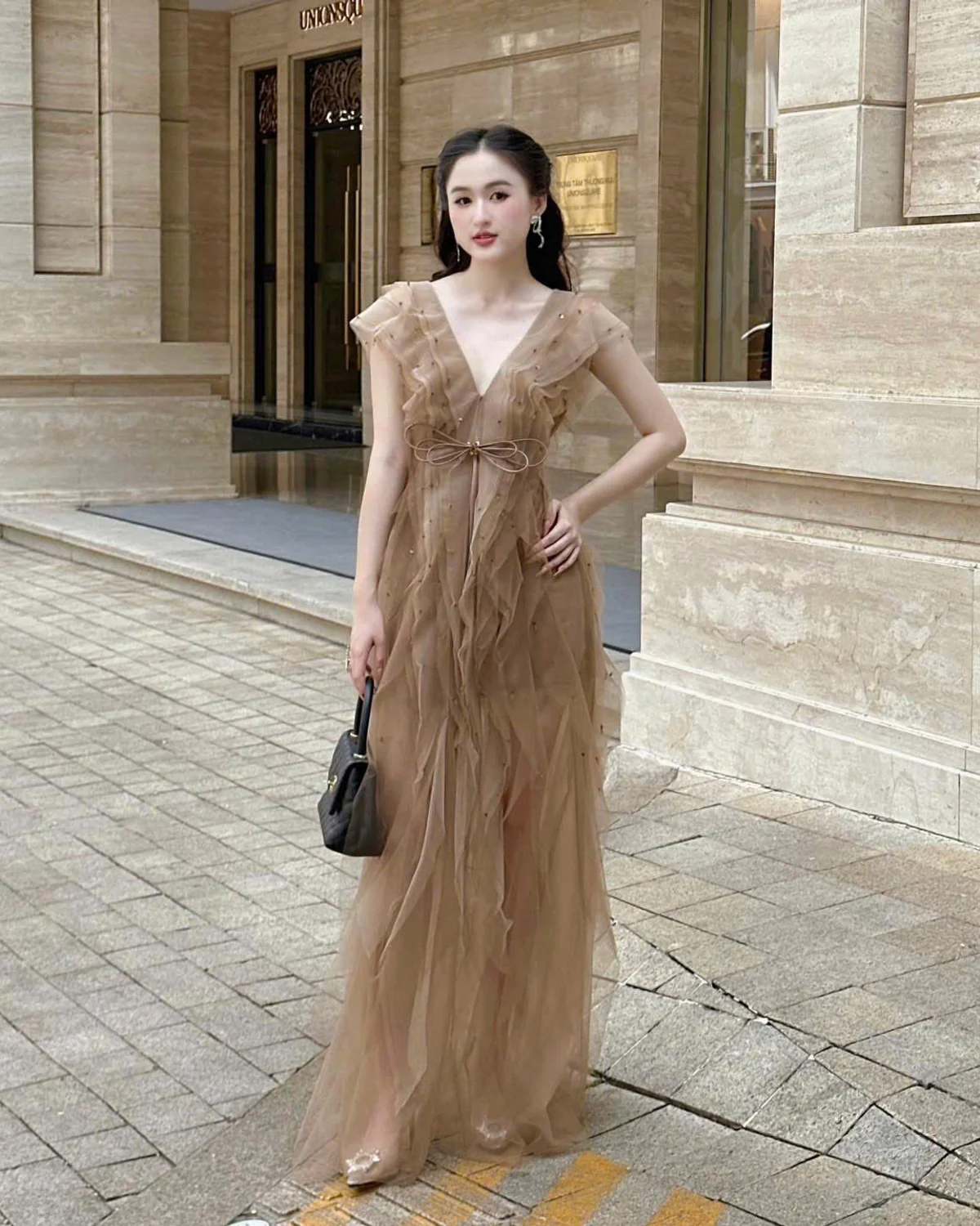 BBB long dress_size XL_4.jpg XY Bymyxy Size XL - Đầm Maxi Voan Nâu Tây Đính Đá