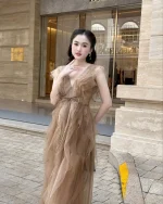 XY Bymyxy Size XL - Đầm Maxi Voan Nâu Tây Đính Đá