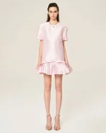 Huy Trần Size FREESIZE - Đầm ngắn hồng pastel xếp ly