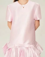 Huy Trần Size FREESIZE - Đầm ngắn hồng pastel xếp ly