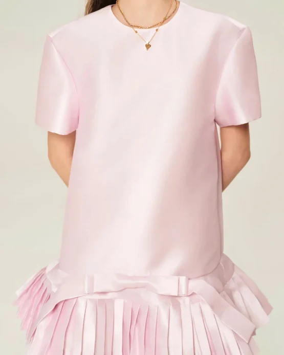 Huy Trần Size FREESIZE - Đầm ngắn hồng pastel xếp ly