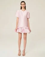 Huy Trần Size FREESIZE - Đầm ngắn hồng pastel xếp ly