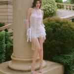 Ninisesi Size L - Đầm dự tiệc ngắn đính đá trắng tinh khôi