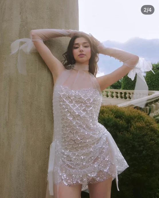 Ninisesi Size L - Đầm dự tiệc ngắn đính đá trắng tinh khôi