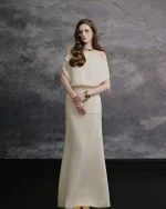 Delicate Size L - Đầm dạ hội trễ vai màu kem thanh lịch