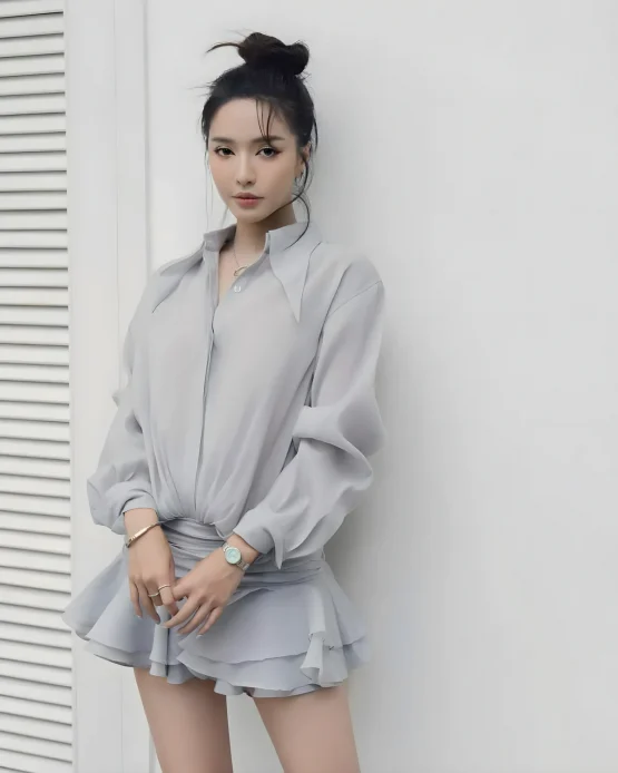 Datt Size S - Đầm ngắn tay dài xếp tầng màu xám