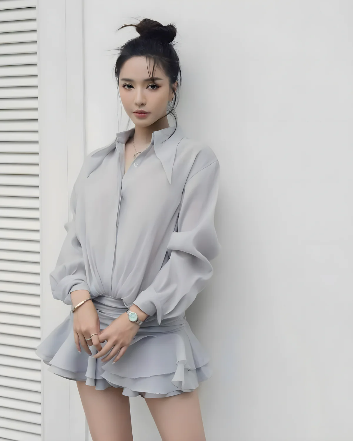 IMG_2568 2.JPG Datt Size S - Đầm ngắn tay dài xếp tầng màu xám