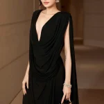 Sensore Size L - Đầm dạ hội đen cổ V xẻ tà quyến rũ