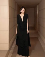 Sensore Size L - Đầm dạ hội đen cổ V xẻ tà quyến rũ