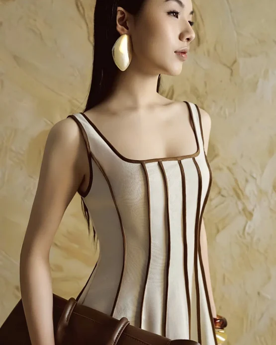 Jennie Choo Size M - Đầm suông linen phối viền nâu thanh lịch