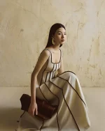 Jennie Choo Size M - Đầm suông linen phối viền nâu thanh lịch