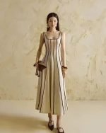 Jennie Choo Size M - Đầm suông linen phối viền nâu thanh lịch