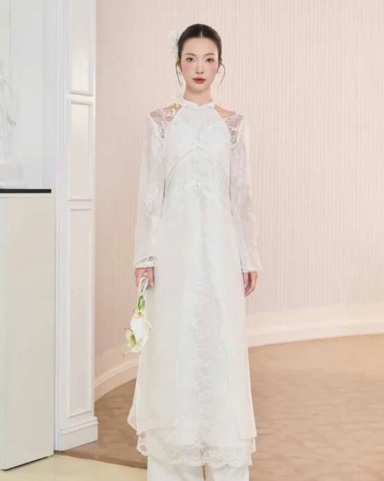 Lana Size M - Áo dài ren trắng cổ điển sang trọng