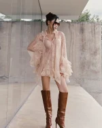 Ononmm Size M - Váy ren hồng nude tay phồng quyến rũ