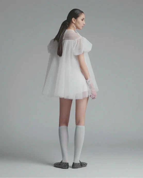 Ononmm Size FREESIZE - Đầm Voan Trắng Tay Phồng Tiểu Thư