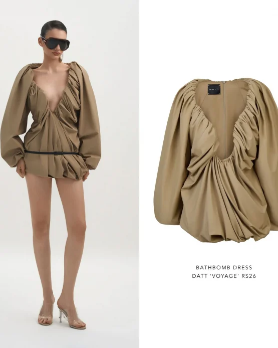 Datt Size M - Đầm ngắn tay phồng cổ V màu be