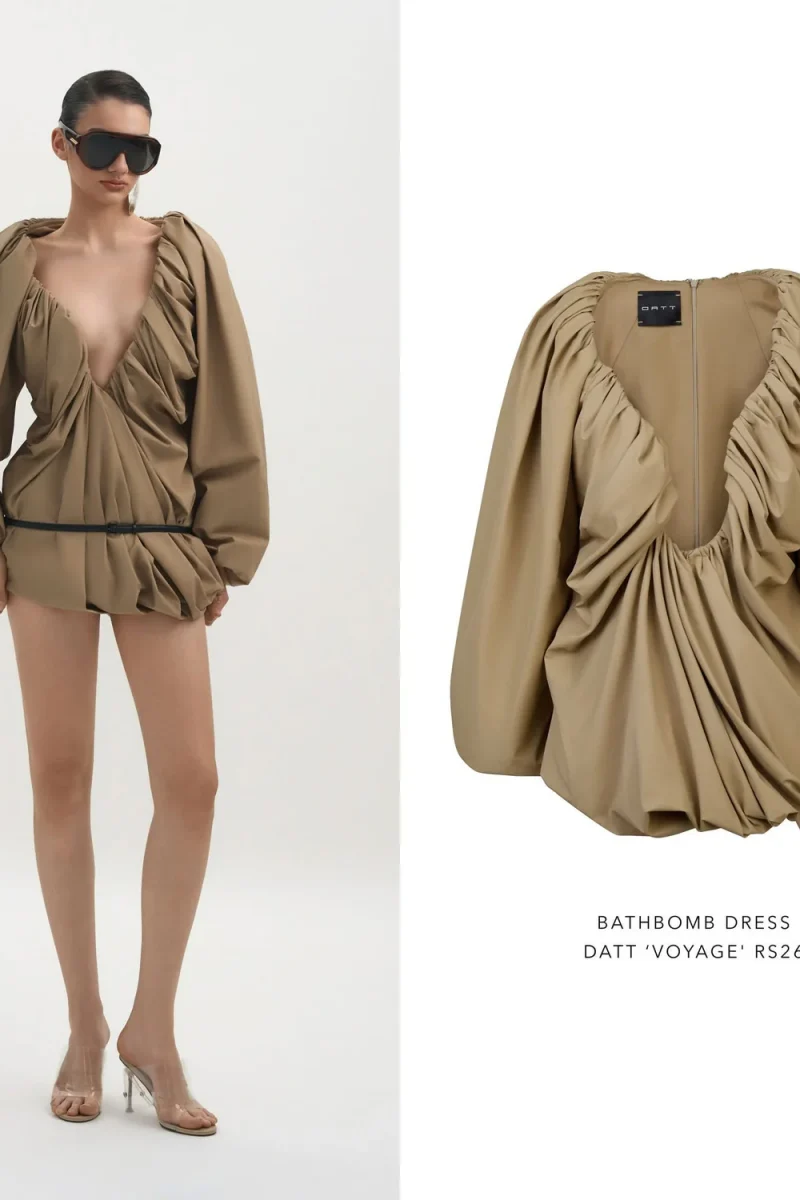 Datt Size M - Đầm ngắn tay phồng cổ V màu be