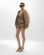 Datt Size M - Đầm ngắn tay phồng cổ V màu be