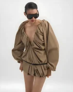 Datt Size M - Đầm ngắn tay phồng cổ V màu be