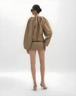 Datt Size M - Đầm ngắn tay phồng cổ V màu be