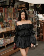 Datt Size M - Đầm ngắn đen trễ vai bồng bềnh