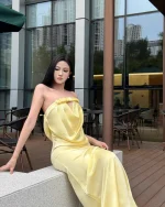 Nội địa Trung Size L - Đầm body lụa vàng hở lưng quyến rũ