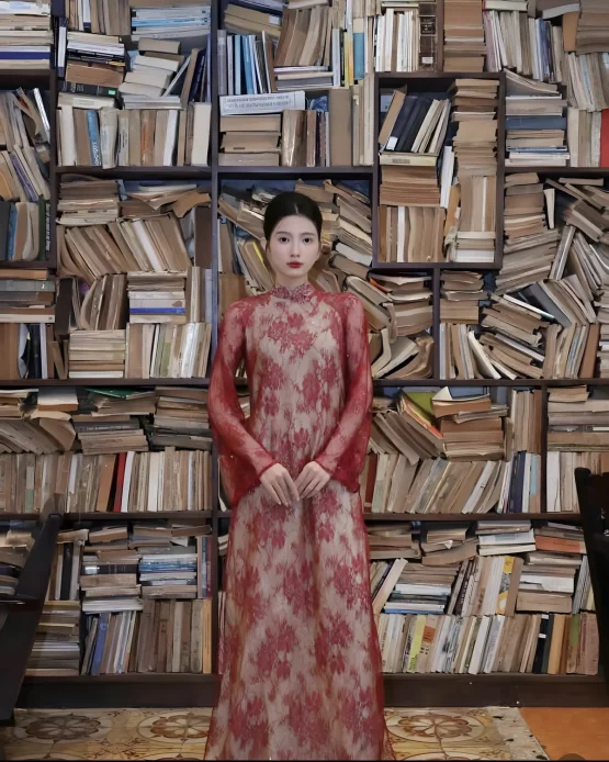 No Brand Size M - Áo dài ren đỏ tay phồng sang trọng