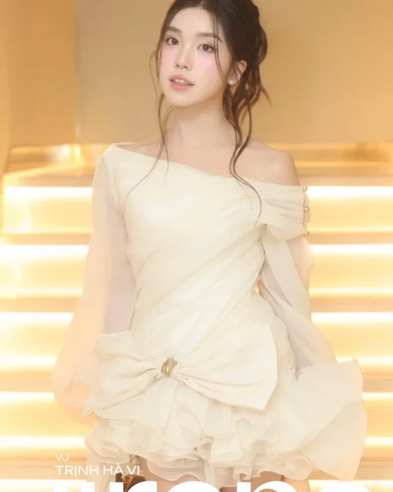 Jirene Size M - Đầm Dự Tiệc Voan Trắng Trễ Vai