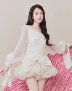 Jirene Size M - Đầm Dự Tiệc Voan Trắng Trễ Vai