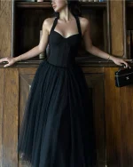 Josphine dress Size S - Đầm dạ hội voan đen cổ yếm