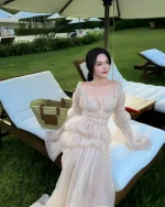 Linh Phùng Size M - Đầm maxi voan tay phồng dịu dàng