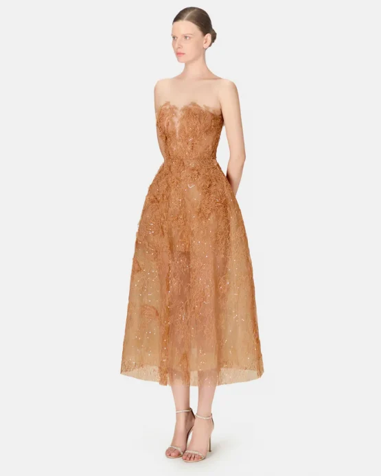 Monstand Size M - Đầm dạ hội ren vàng đồng quyến rũ