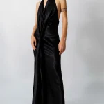 Monstand Size M - Đầm dạ hội lụa đen cổ yếm xẻ tà