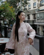 Lalin Size M - Áo dài cách tân ren đính sequin hồng