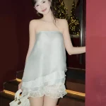 Set áo váy lụa xanh