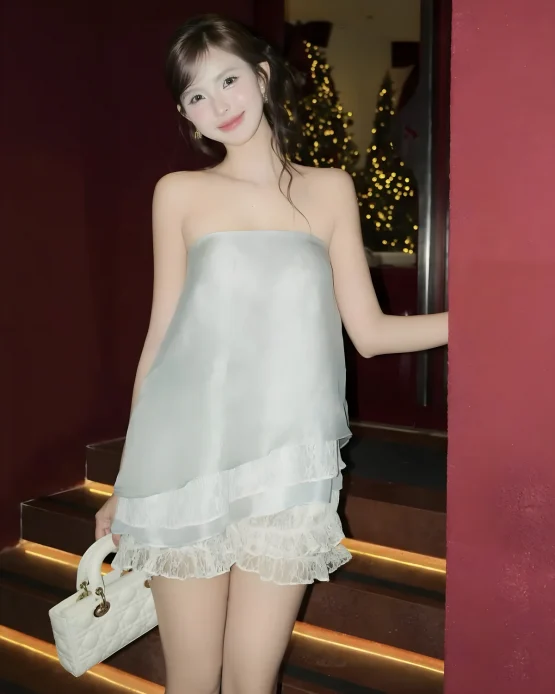 Set áo váy lụa xanh